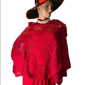 Vintage GRACIA VISIONARIES BOUTIQUE Red Lace Cape Smock Top Blouse L NWT
